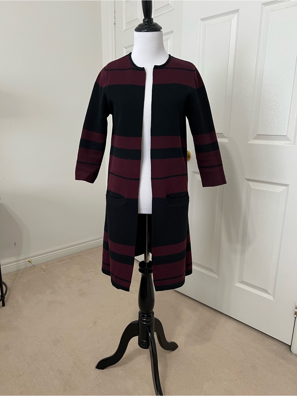 Reitmans Black and Burgundy Striped Long Cardigan